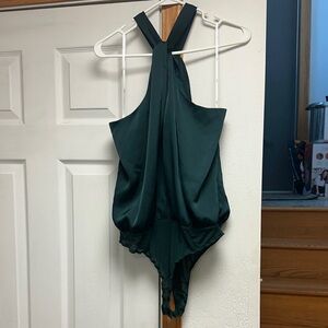 Lulu's Emerald Green Satin Halter Bandeau Bodysuit